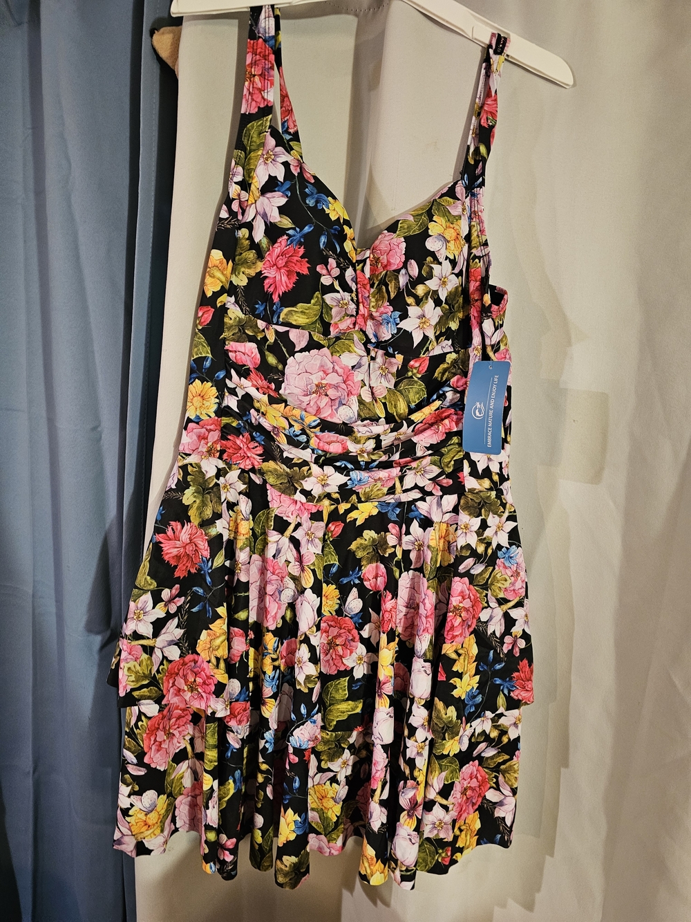 Floral V-Neck One-Piece Swimsuit with Skirt in Black Multi